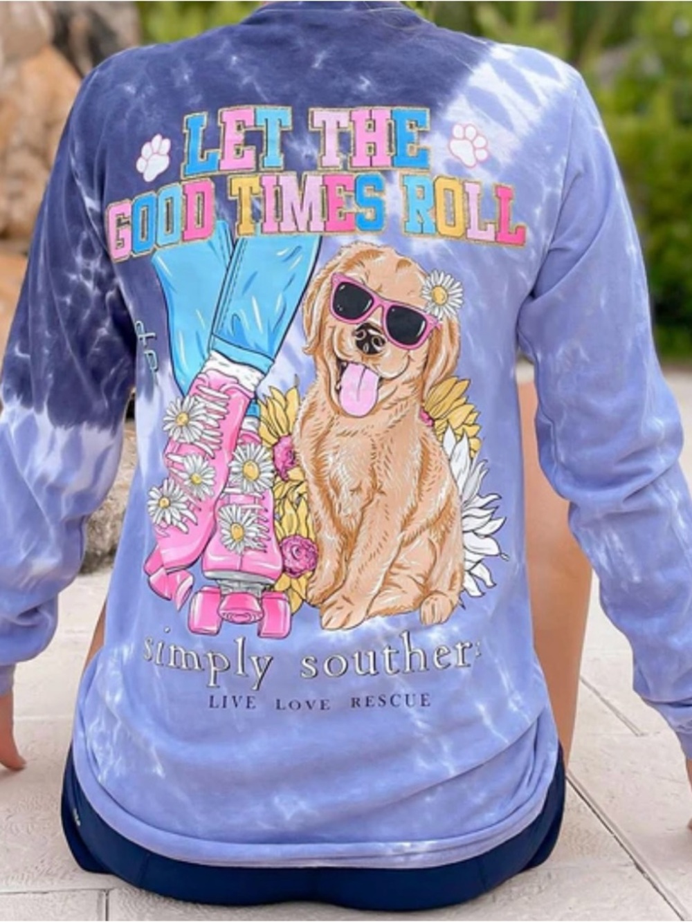EUC Simply Southern Lavender Tie-Dye Long Sleeve Tee with Colorful Dog Graphic